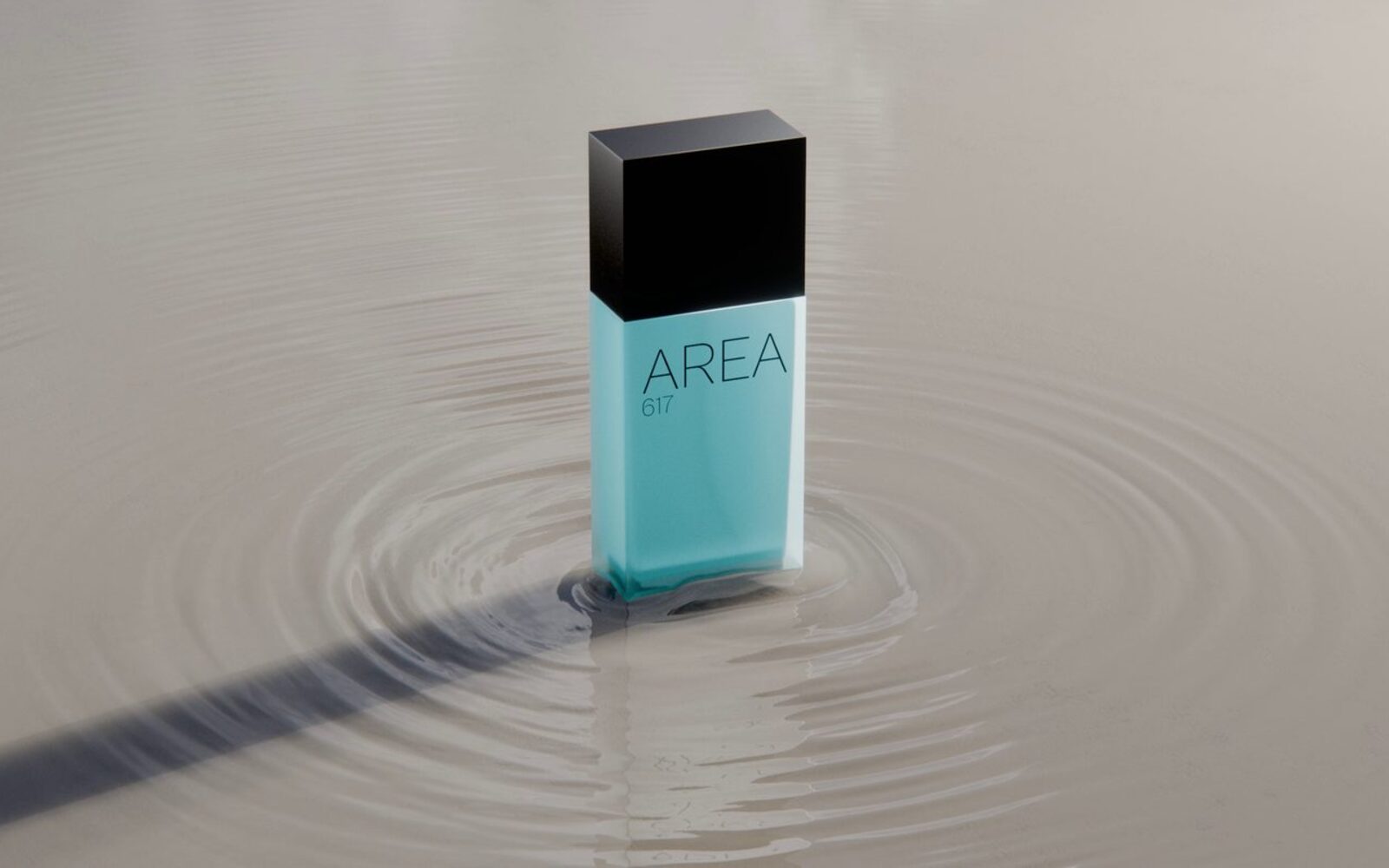 Aqua AREA 617 bottle on a stone pedestal in still water, 3D render