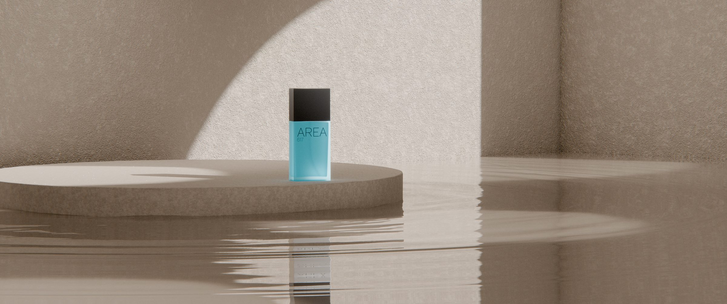 AREA 617 bottle in a sunlit 3D scene, still 3