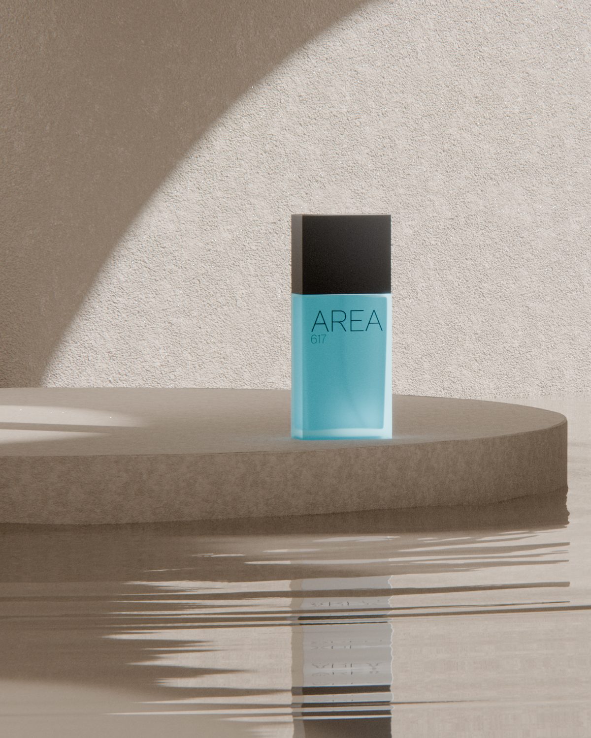 Aqua AREA 617 bottle on a stone pedestal in still water, 3D render