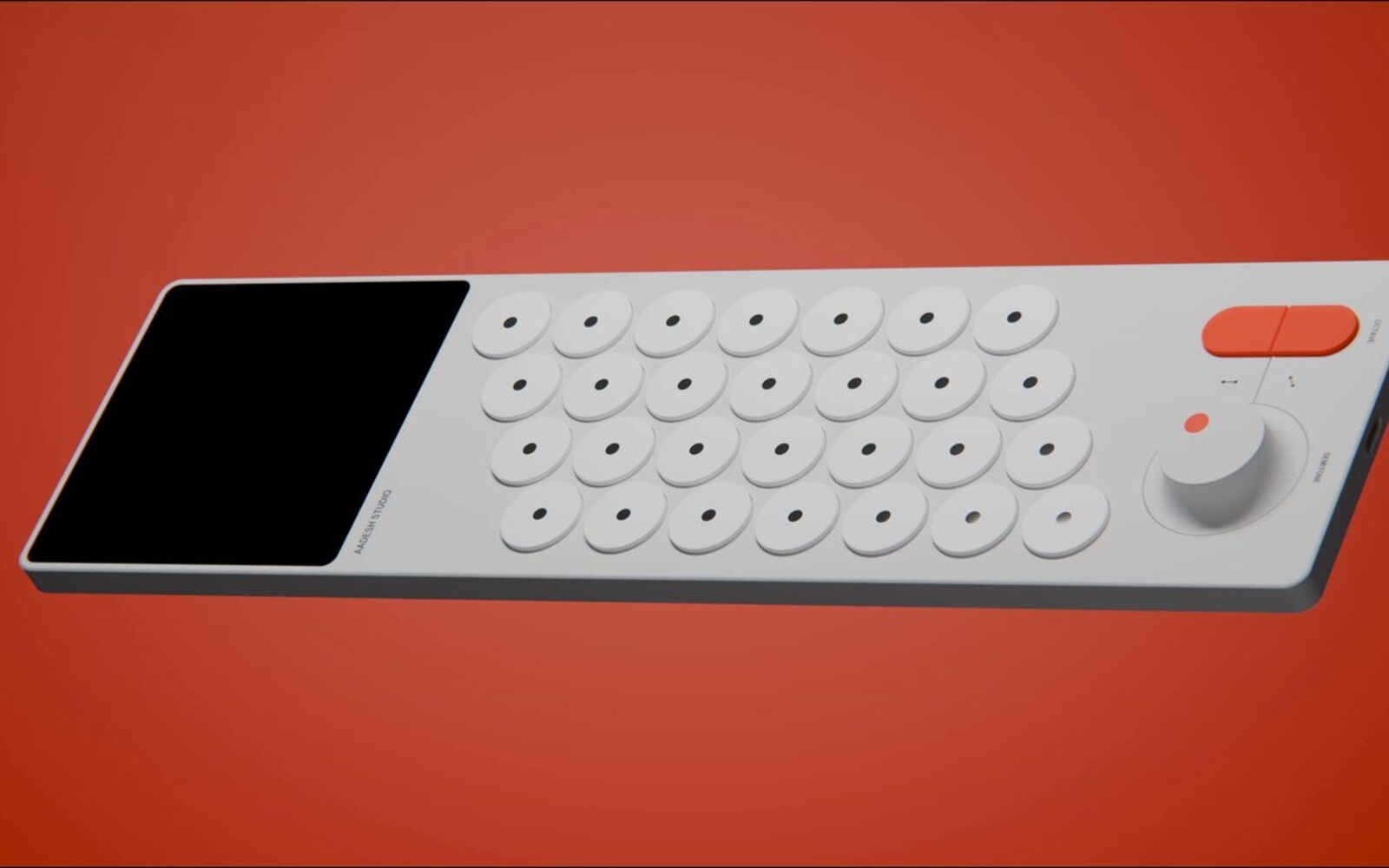 White and red Chord Machine music device in a dark 3D scene