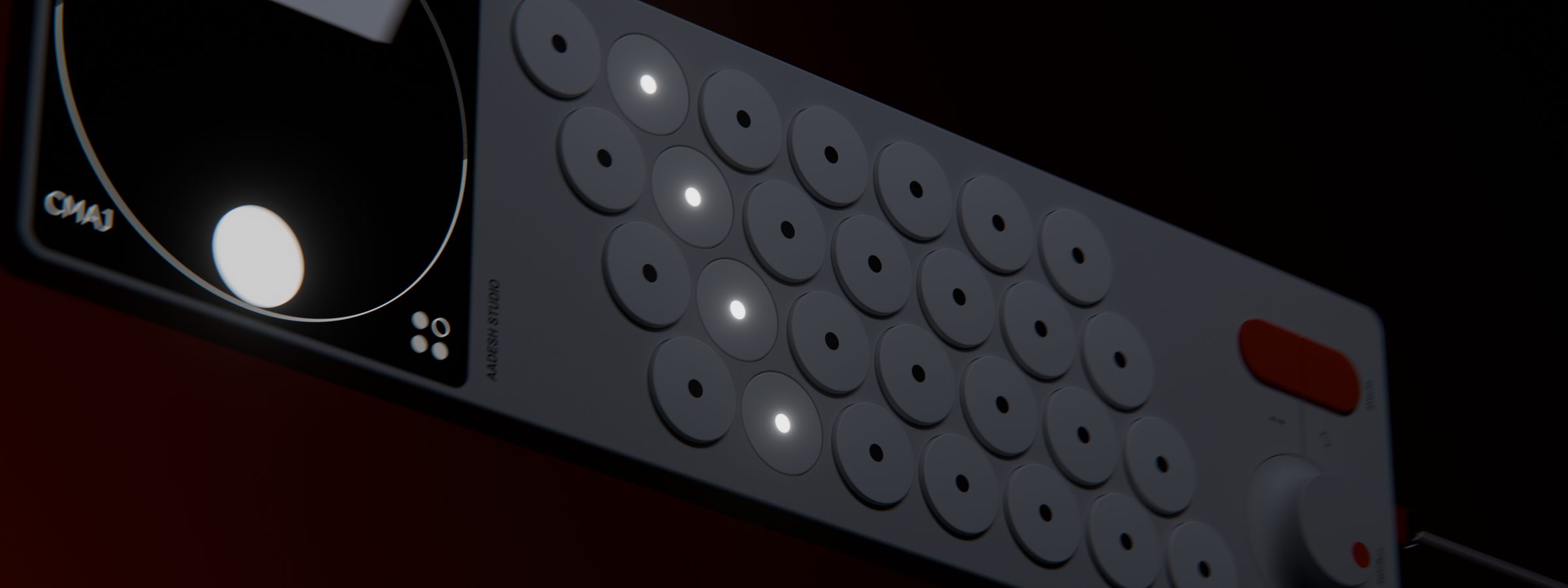 Chord Machine close-up with four lit keys and a C major chord on its screen