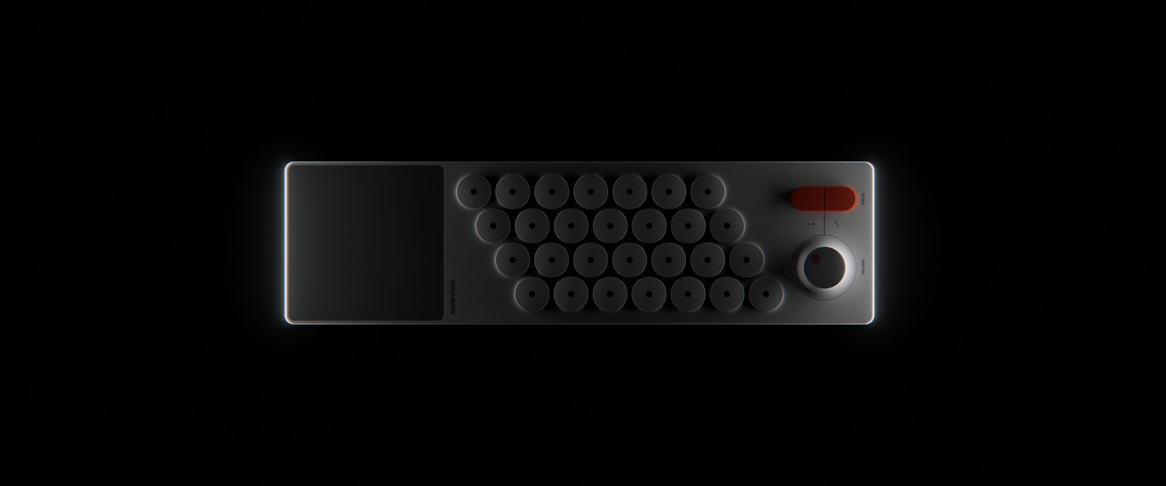 Chord Machine seen from above, with its screen, round keys, red button and dial