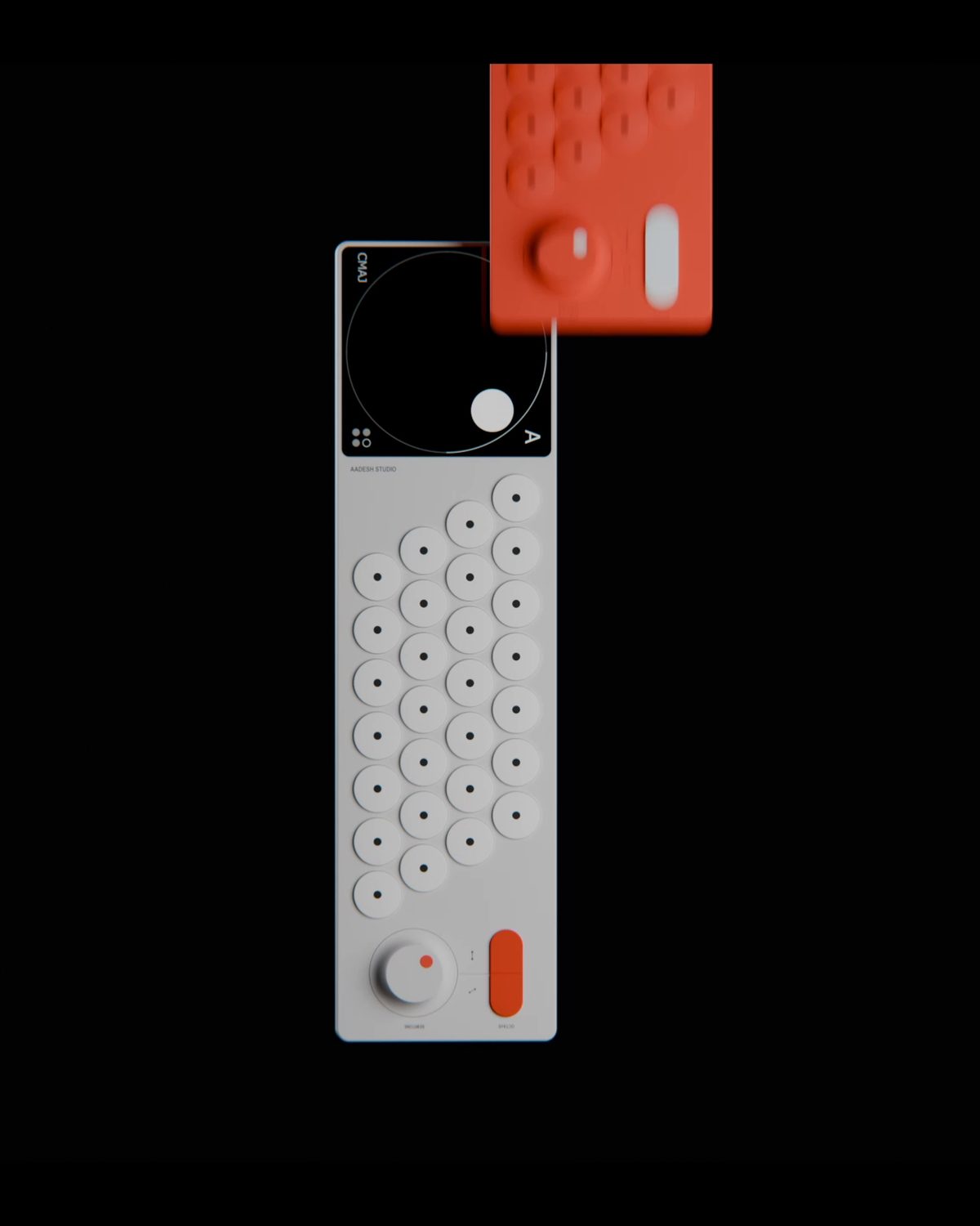 White and red Chord Machine music device in a dark 3D scene