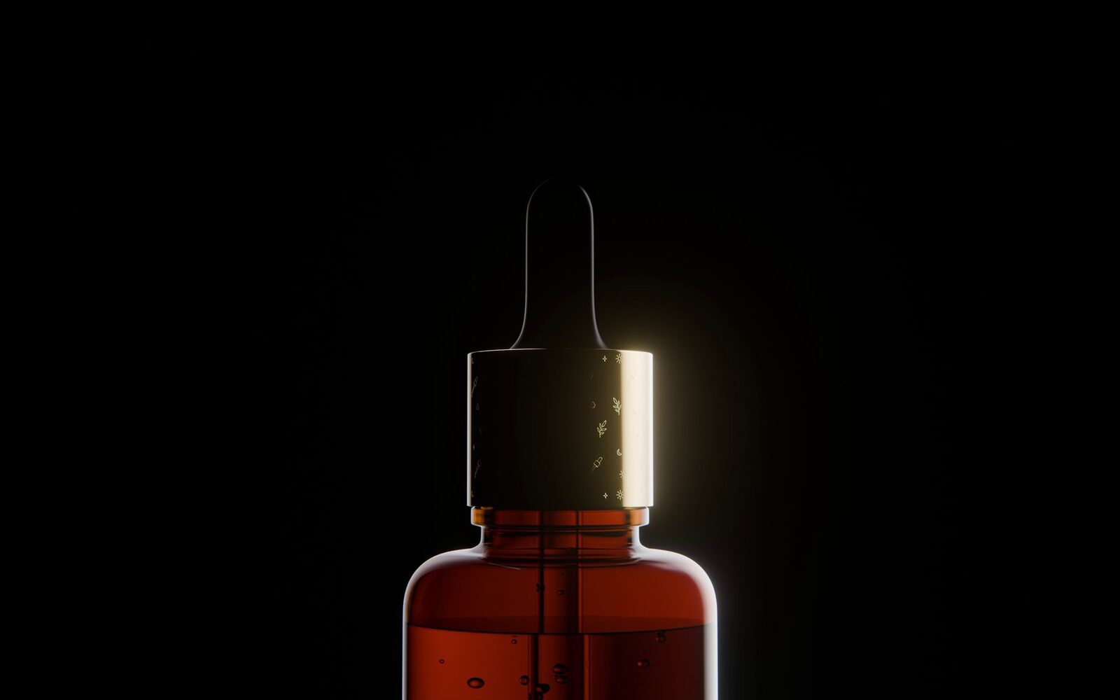 Amber Élixir serum dropper bottle lit against black, 3D render