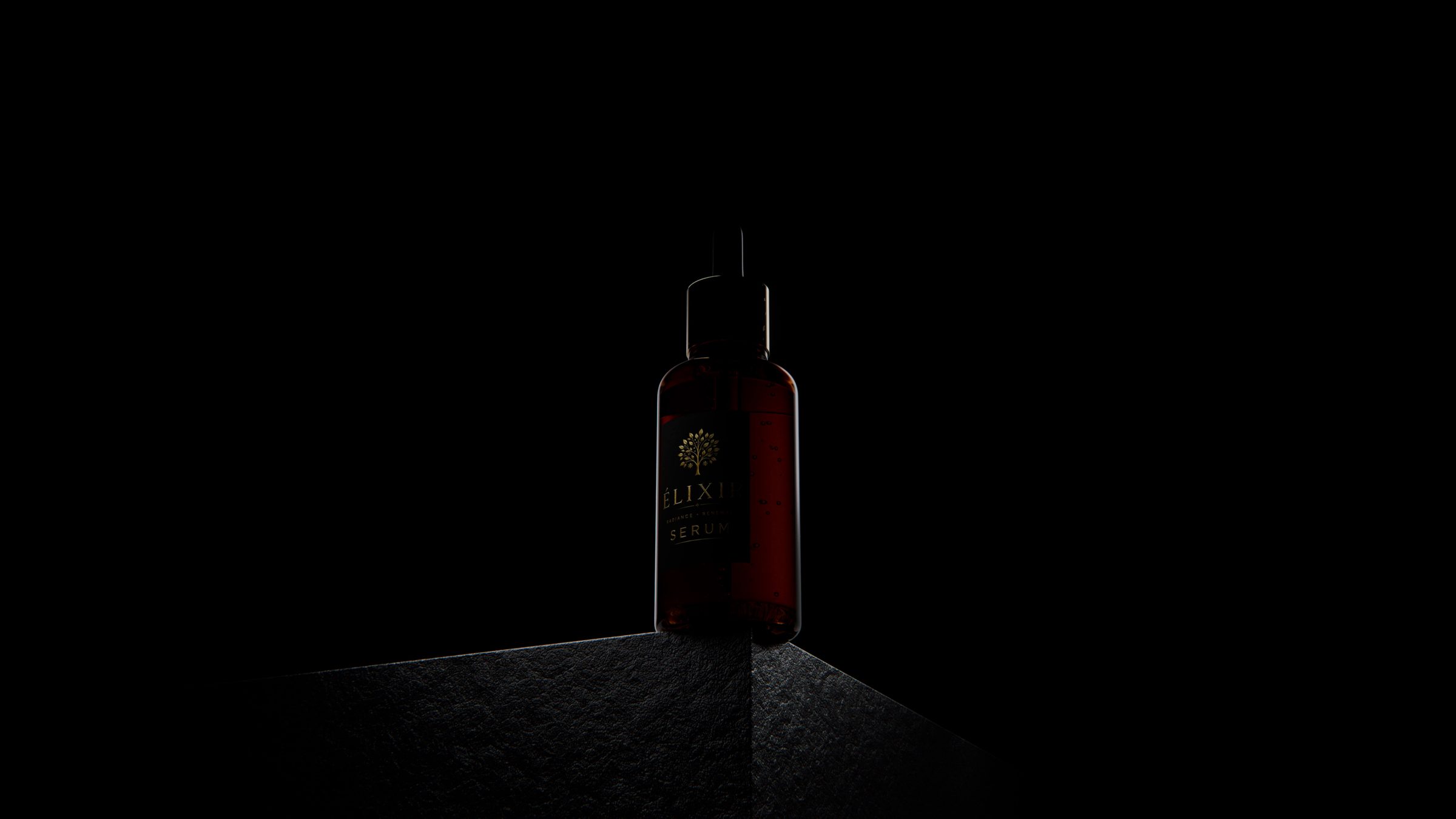Élixir serum dropper bottle in warm light, still 1