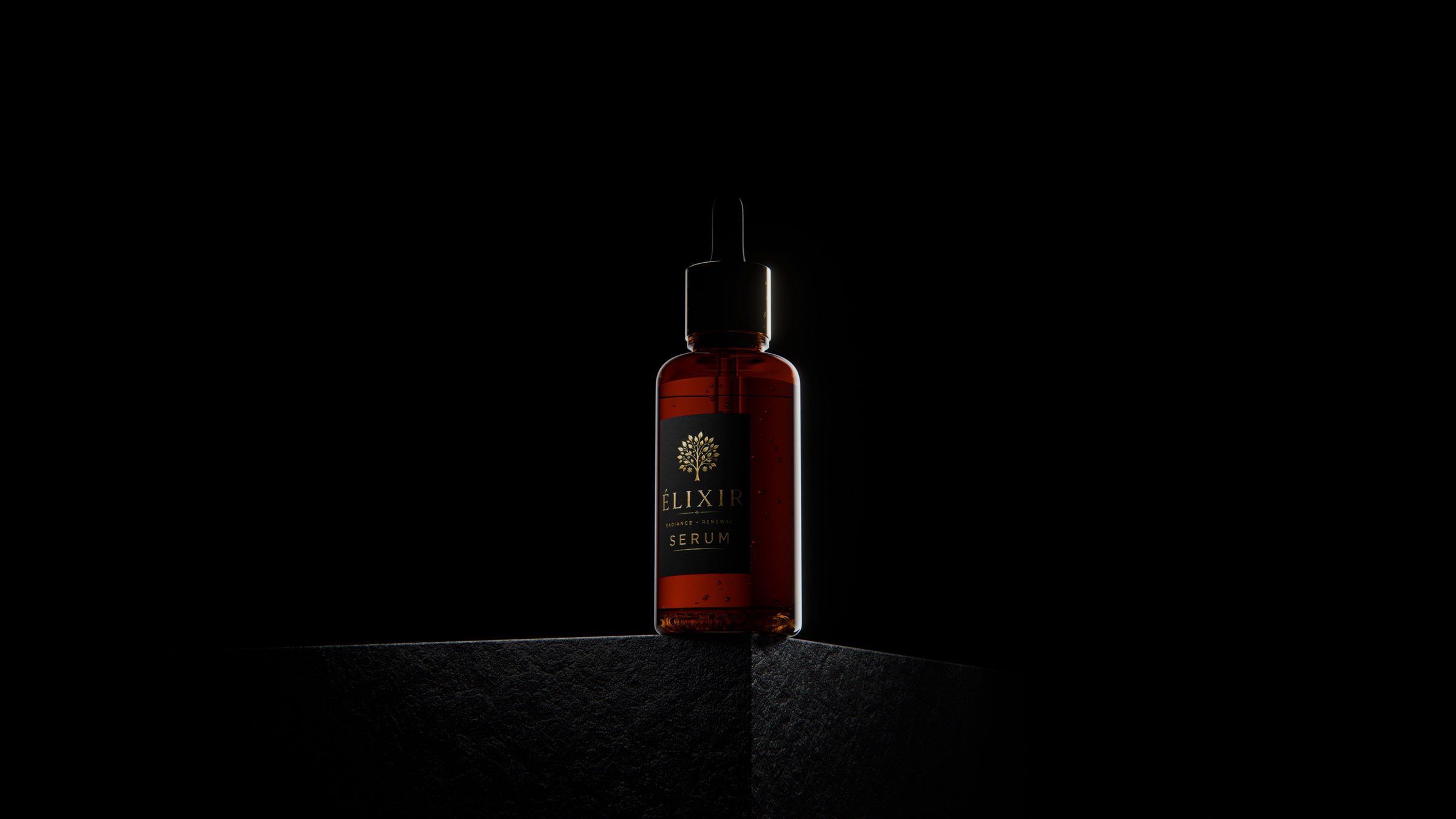 Élixir serum dropper bottle in warm light, still 2