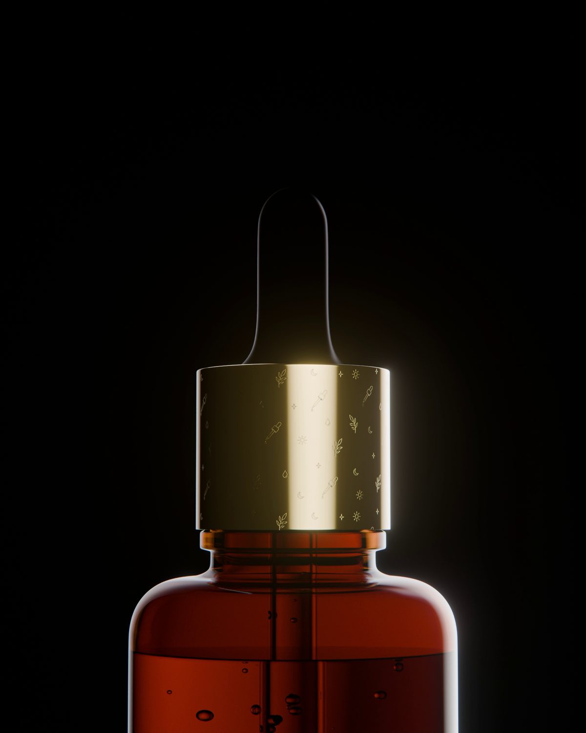 Amber Élixir serum dropper bottle lit against black, 3D render