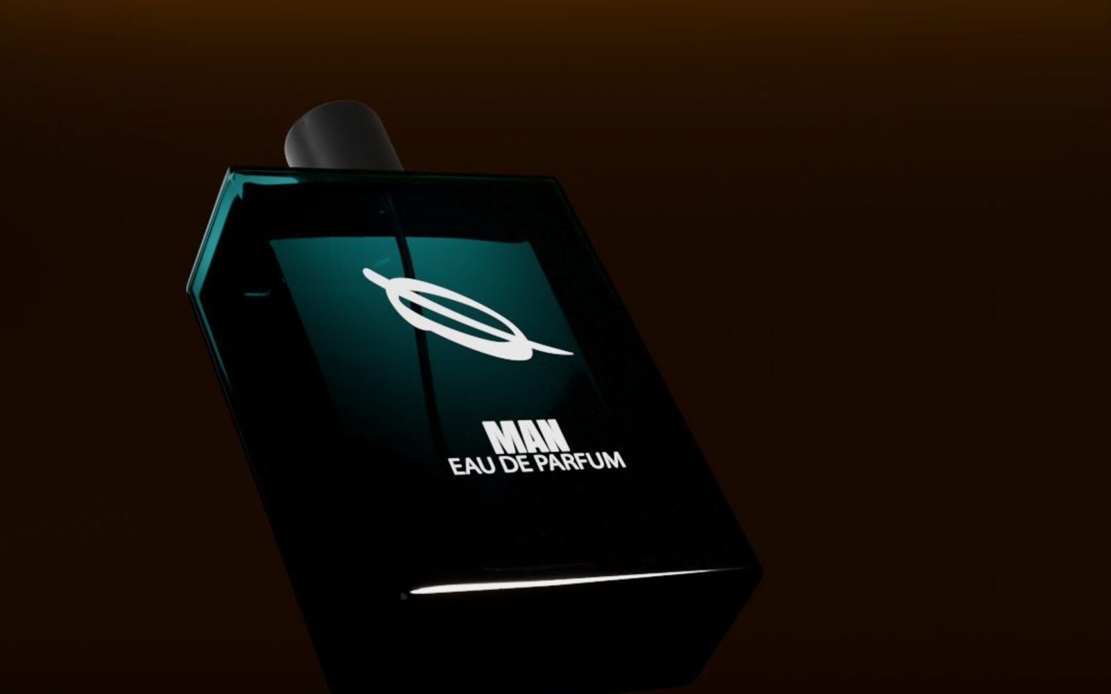 Dark green MAN Eau de Parfum bottle with a gold cap, 3D render