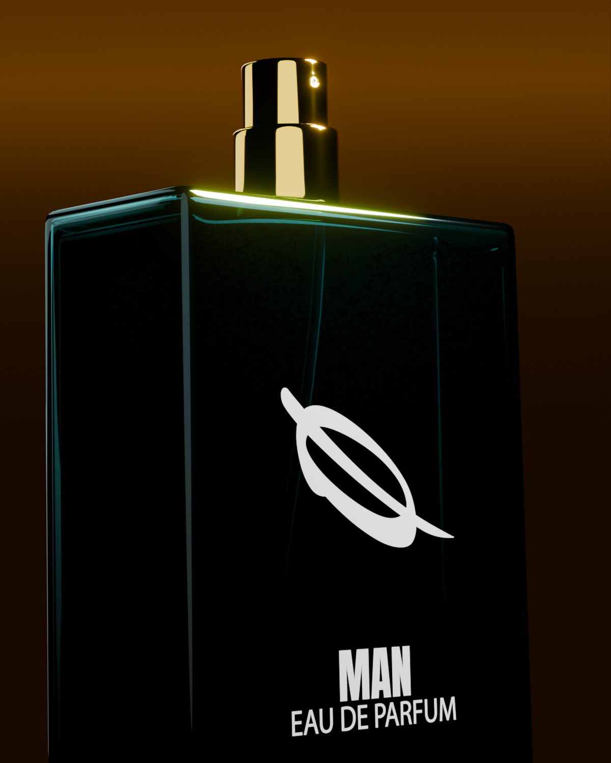 Dark green MAN Eau de Parfum bottle with a gold cap, 3D render