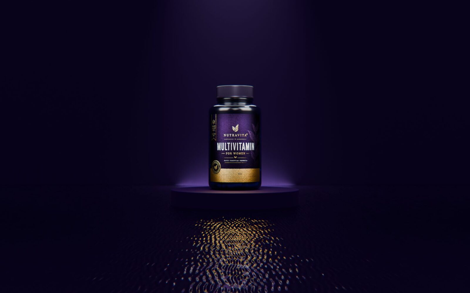 Purple and gold multivitamin bottle on a lit pedestal, 3D render