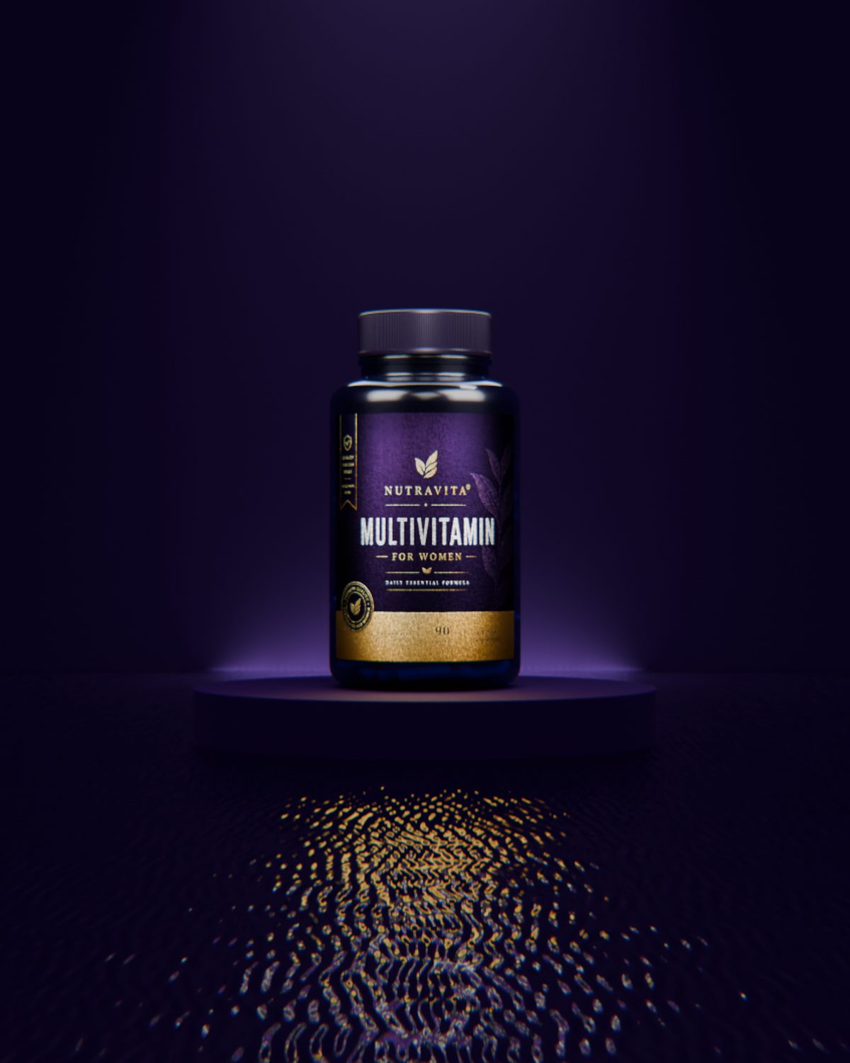 Purple and gold multivitamin bottle on a lit pedestal, 3D render