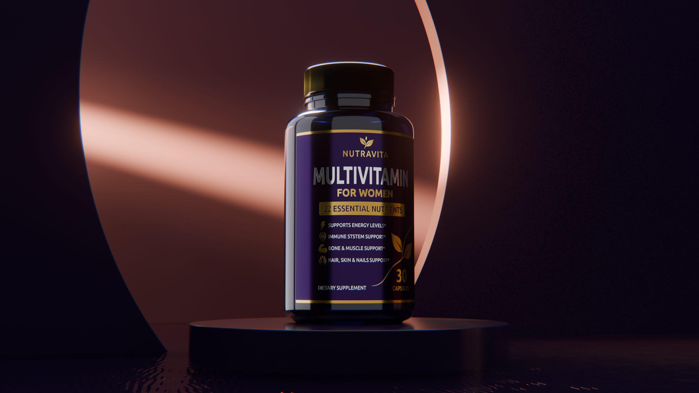 Multivitamin bottle in a 3D render, still 1