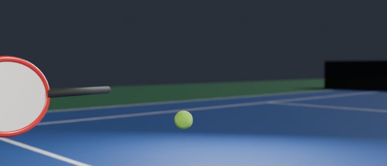 A tennis ball in flight toward a racket on a blue court